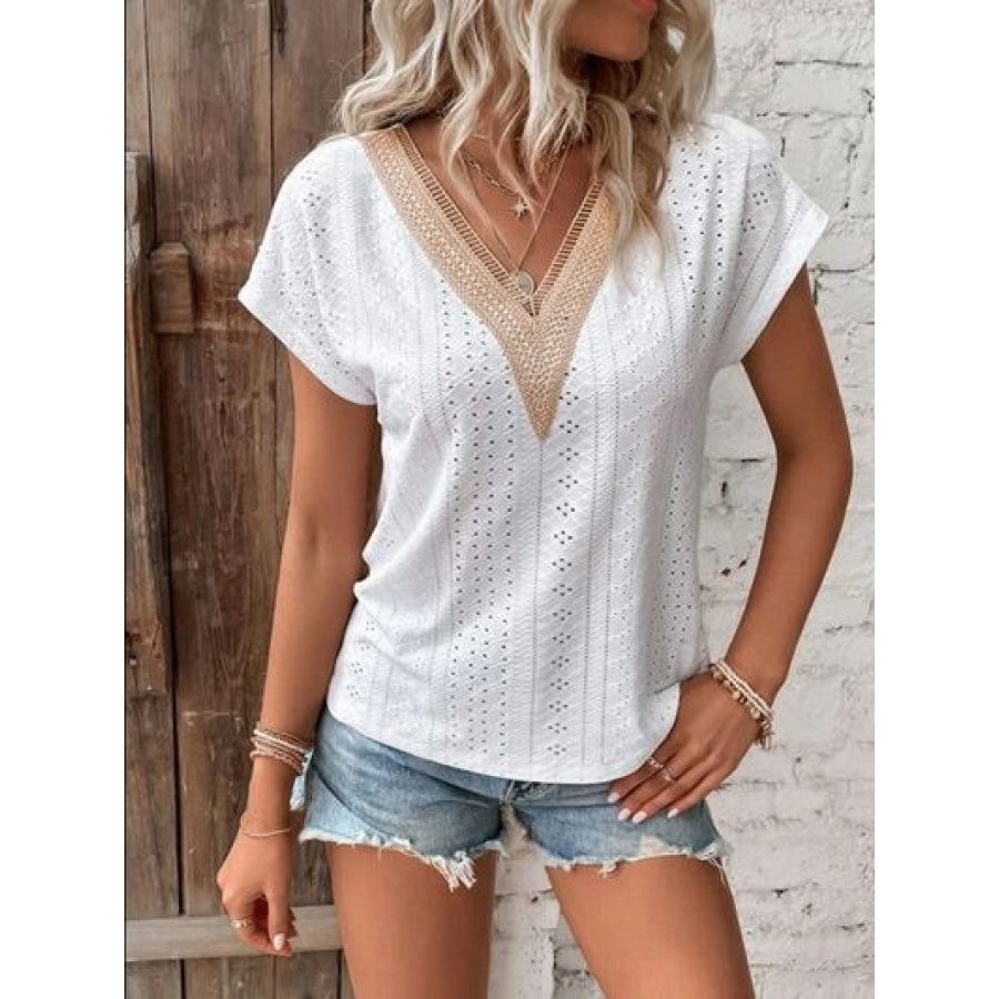 Eyelet V - Neck Short Sleeve T - Shirt White / S Clothing