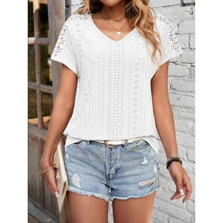 Eyelet V-Neck Short Sleeve T-Shirt White / S Clothing