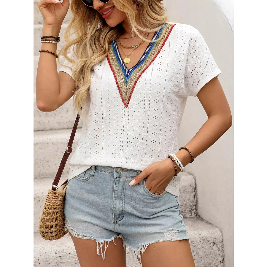 Eyelet V-Neck Short Sleeve Top Apparel and Accessories