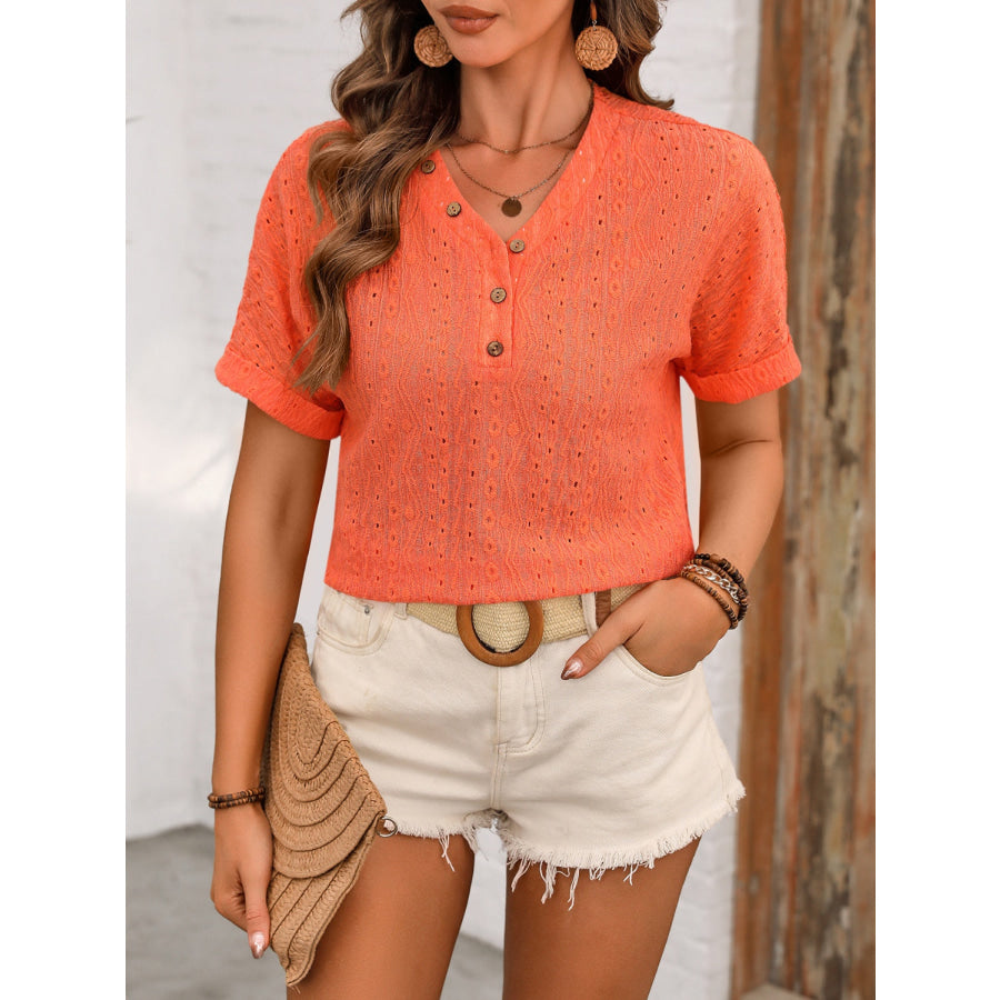 Eyelet V - Neck Short Sleeve Top Apparel and Accessories