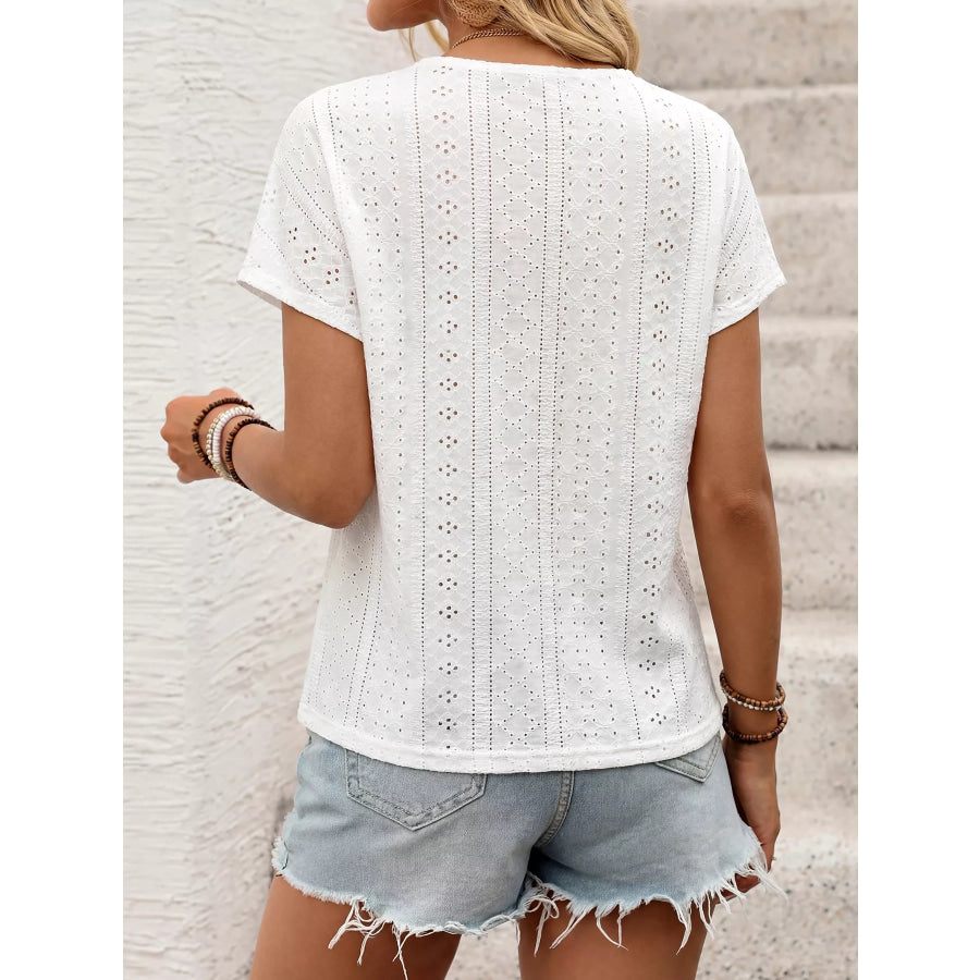 Eyelet V-Neck Short Sleeve Top Apparel and Accessories