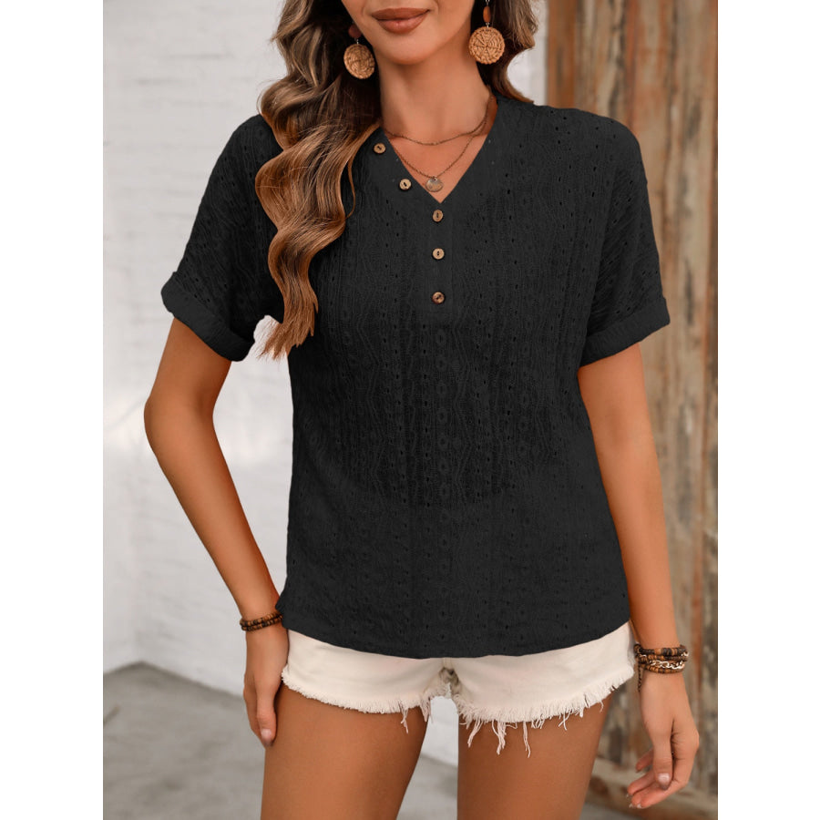 Eyelet V - Neck Short Sleeve Top Black / S Apparel and Accessories