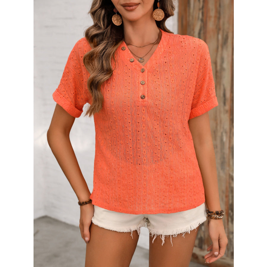 Eyelet V - Neck Short Sleeve Top Red Orange / S Apparel and Accessories