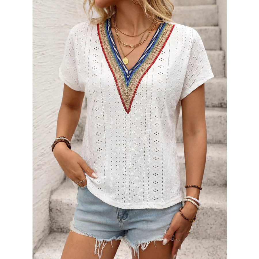 Eyelet V-Neck Short Sleeve Top White / S Apparel and Accessories