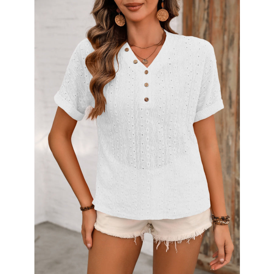 Eyelet V - Neck Short Sleeve Top White / S Apparel and Accessories