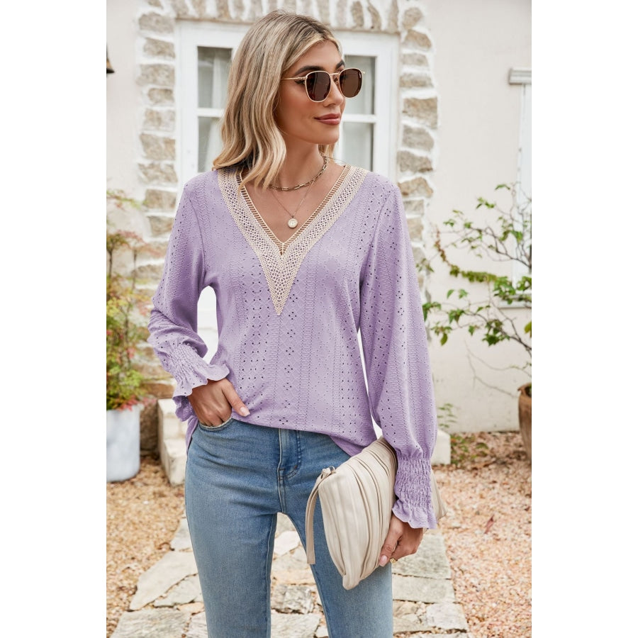 Eyelet V-Neck Smocked Flounce Sleeve Blouse Lavender / S