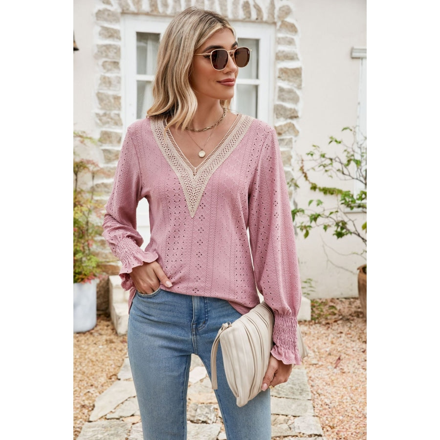 Eyelet V-Neck Smocked Flounce Sleeve Blouse Light Mauve / S