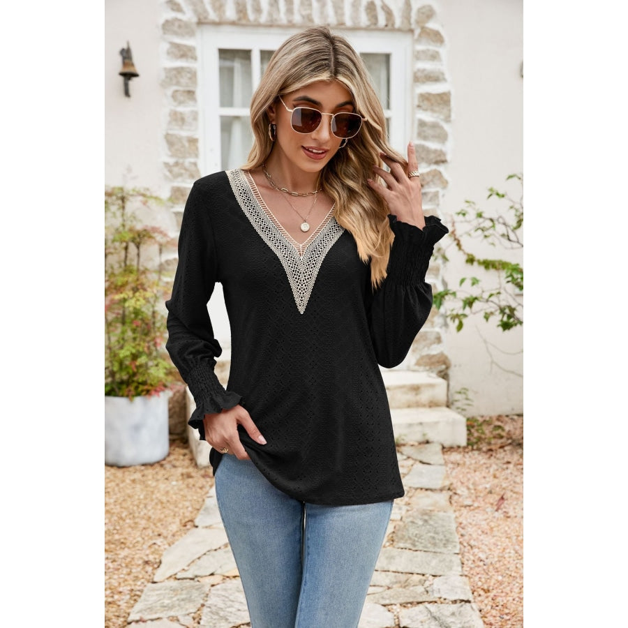 Eyelet V-Neck Smocked Flounce Sleeve Blouse