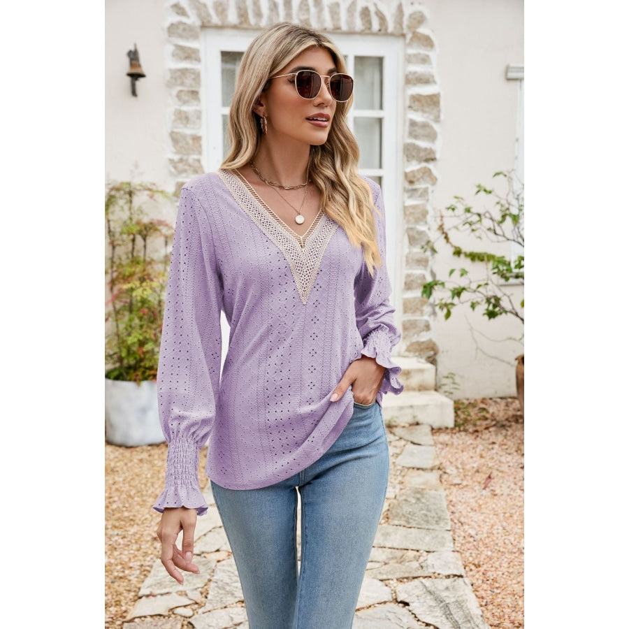 Eyelet V-Neck Smocked Flounce Sleeve Blouse