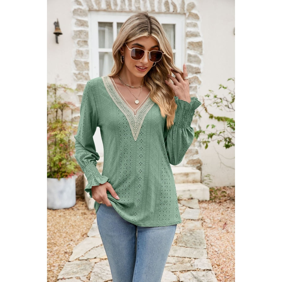 Eyelet V-Neck Smocked Flounce Sleeve Blouse