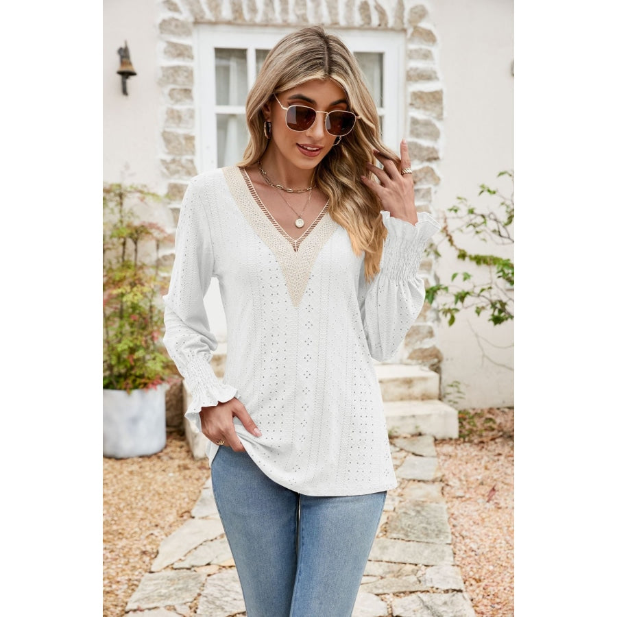 Eyelet V-Neck Smocked Flounce Sleeve Blouse