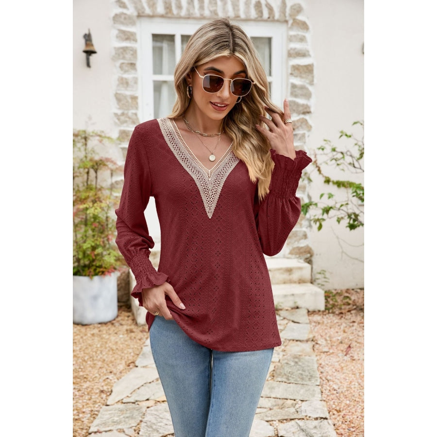 Eyelet V-Neck Smocked Flounce Sleeve Blouse