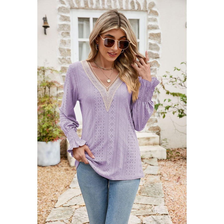 Eyelet V-Neck Smocked Flounce Sleeve Blouse