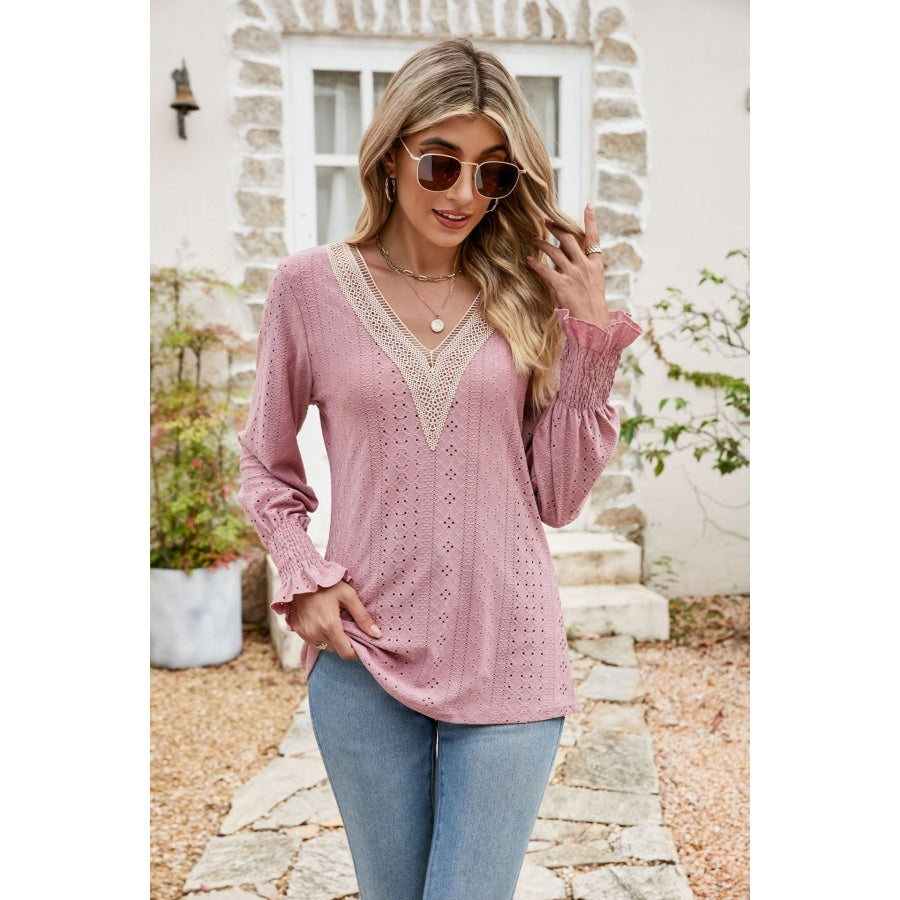 Eyelet V-Neck Smocked Flounce Sleeve Blouse