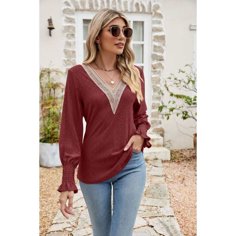 Eyelet V-Neck Smocked Flounce Sleeve Blouse