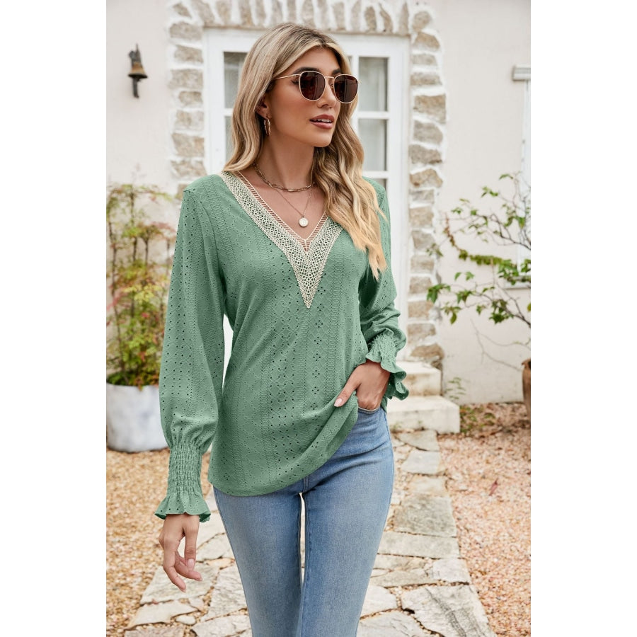 Eyelet V-Neck Smocked Flounce Sleeve Blouse