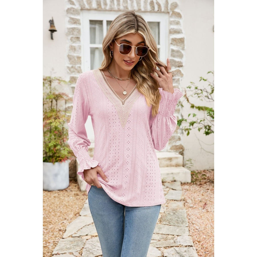 Eyelet V-Neck Smocked Flounce Sleeve Blouse