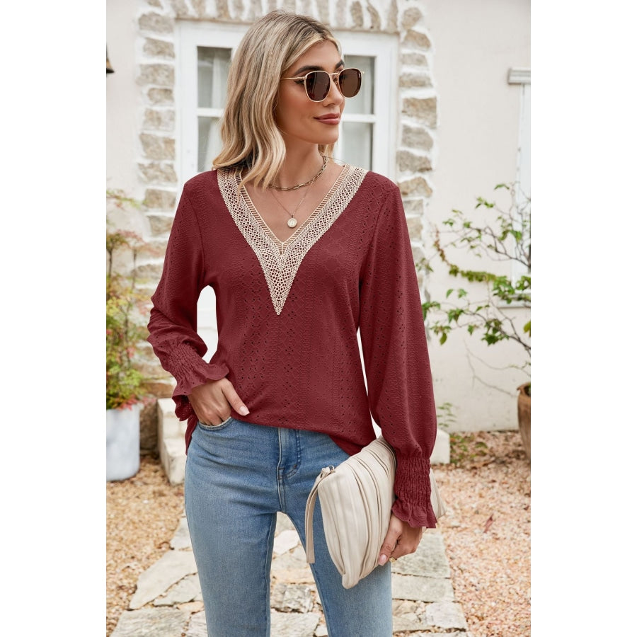 Eyelet V-Neck Smocked Flounce Sleeve Blouse Wine / S