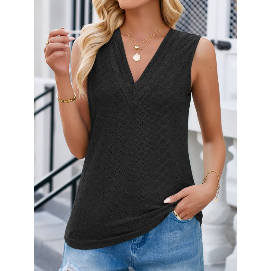 Eyelet V - Neck Tank Black / S Apparel and Accessories