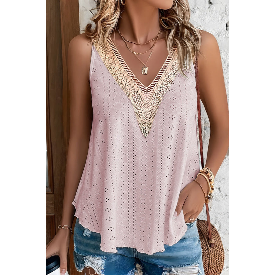 Eyelet V - Neck Wide Strap Tank Blush Pink / S Apparel and Accessories