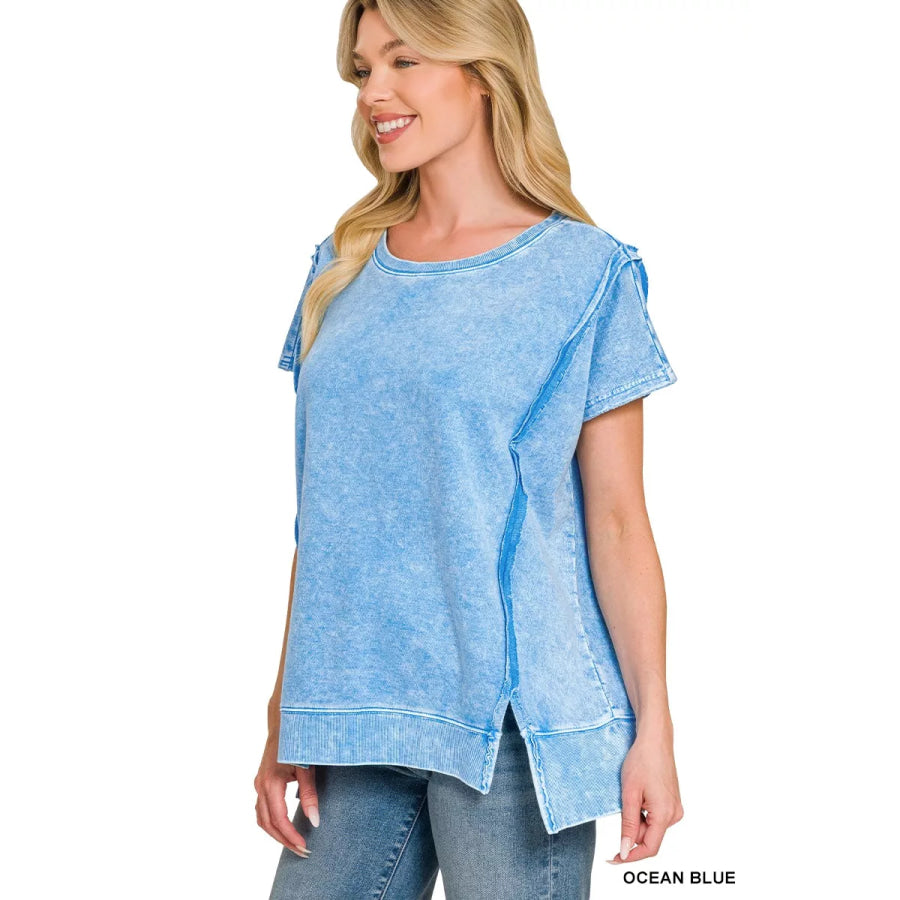 F/terry Halo Snow Washed Oversized Hi-low Top OCEAN BLUE / S Apparel and Accessories