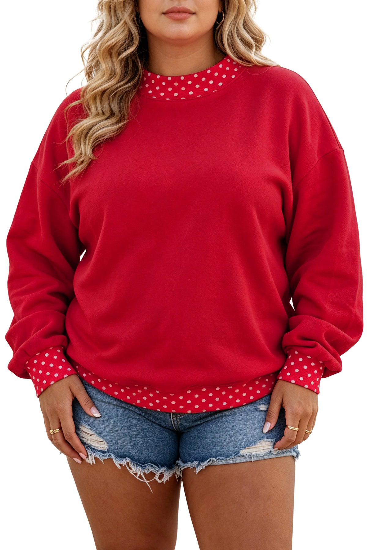 Racing Red Polka Dot Patchwork Round Neck Plus Size Sweatshirt