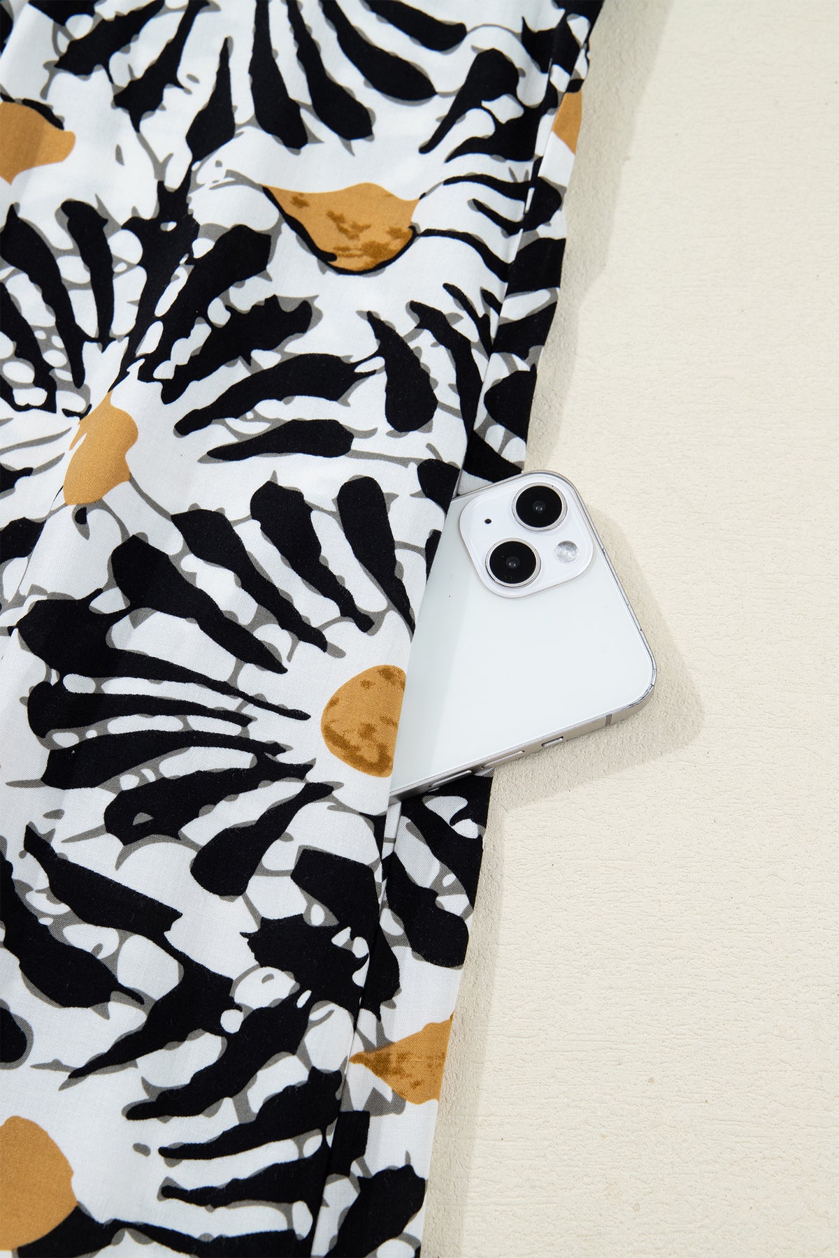 Black Abstract Floral Print Split V Neck Long Dress with Sleeves