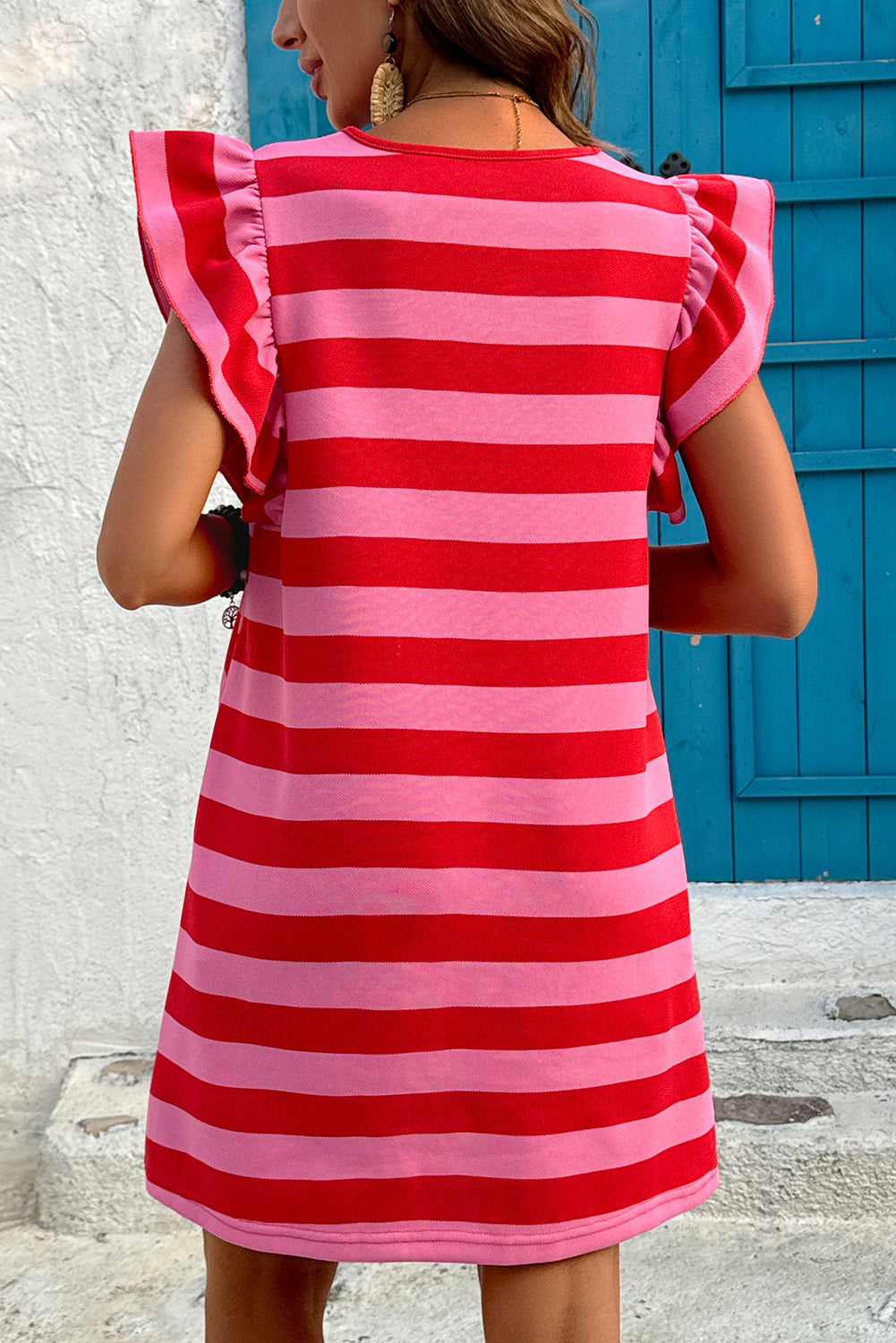 Black Stripe Flutter Sleeve Round Neck Shift Dress