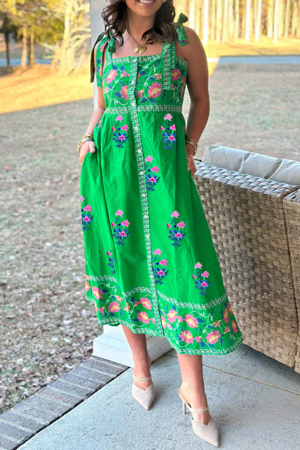 Green Floral Print Contrast Trim Knotted Straps Midi Dress