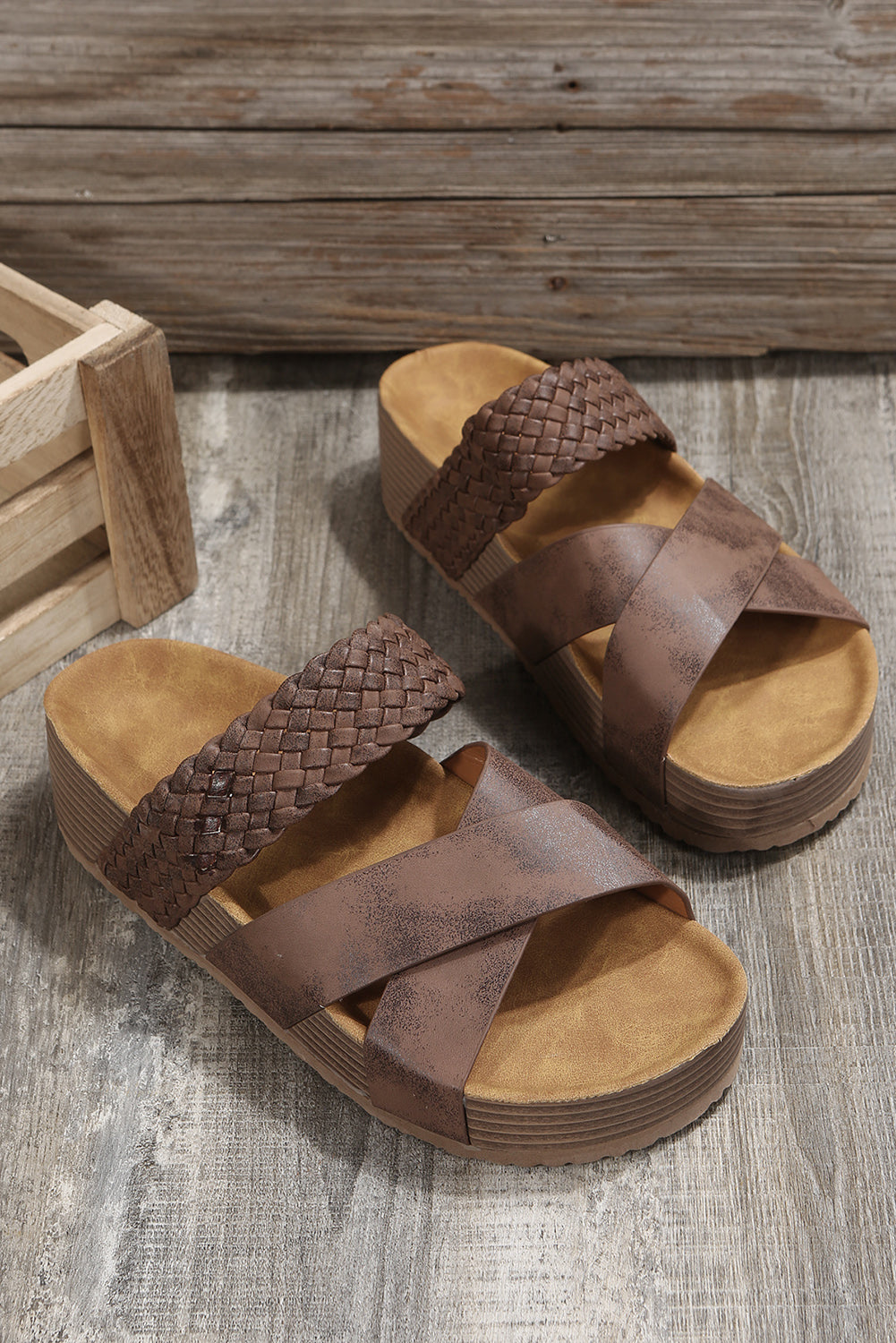 Brown Braided Detail Criss Cross Platform Slippers Shoes &amp; Bags/Slippers