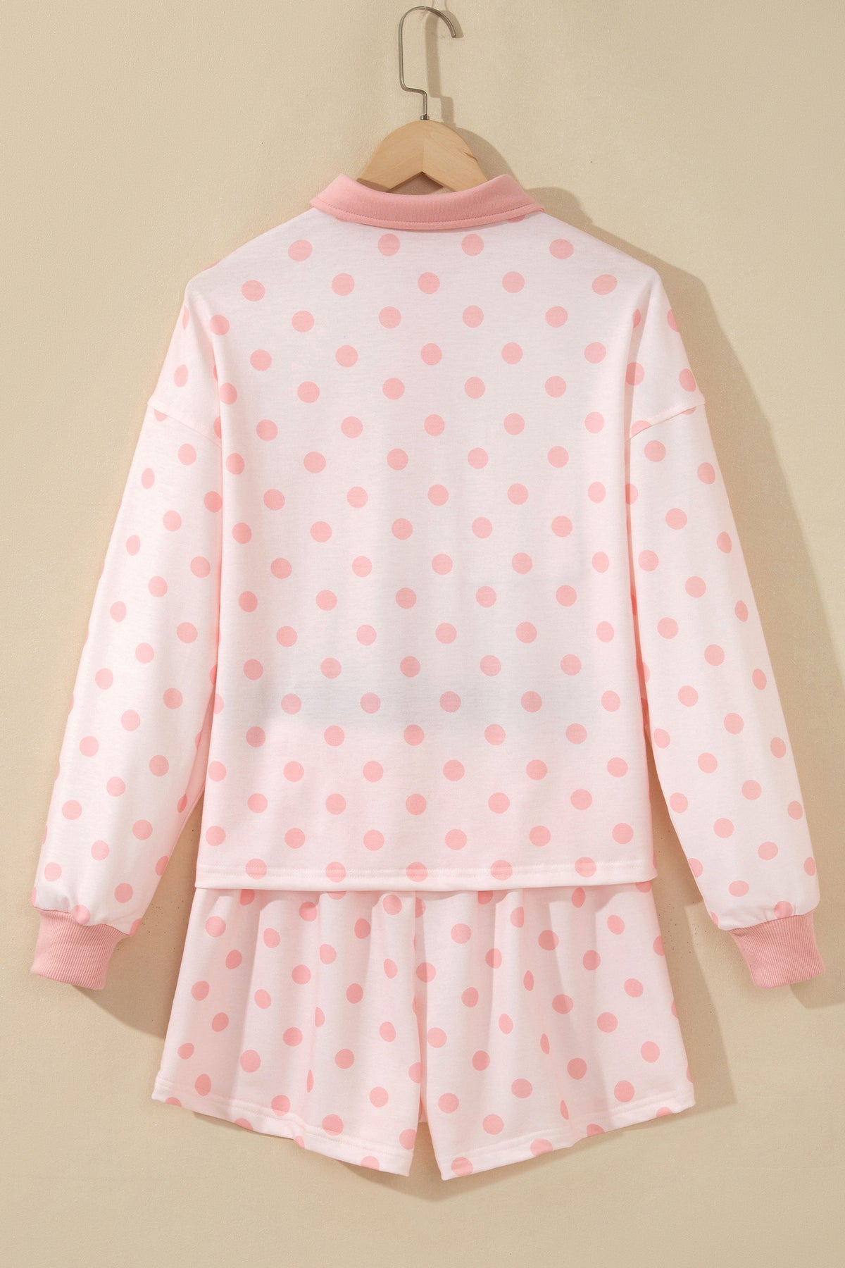Sky Blue Polka Dot Drop Shoulder Polo Loose Pullover Patch Pocket Casual Shorts Set