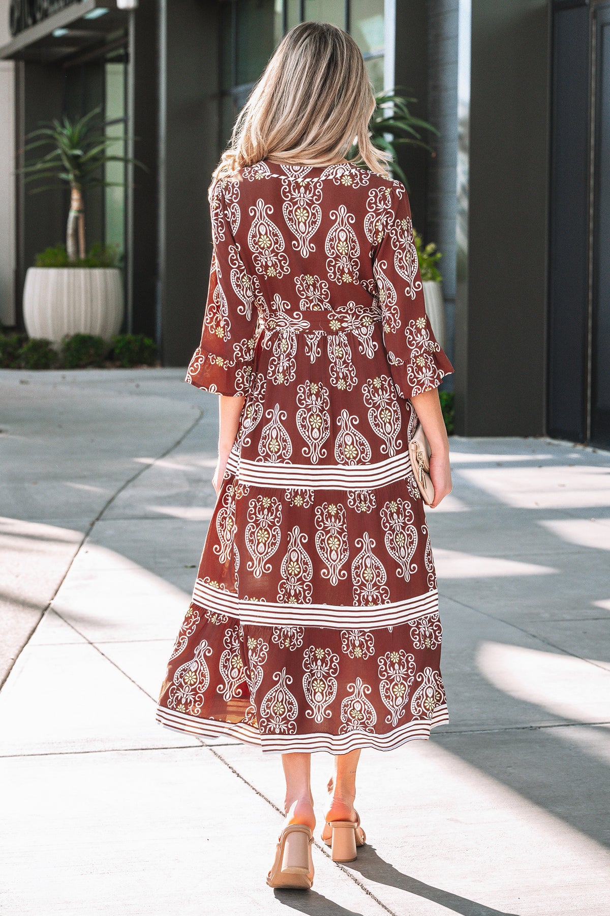 Brown Floral Print Belted Striped Trim Tiered Maxi Dress