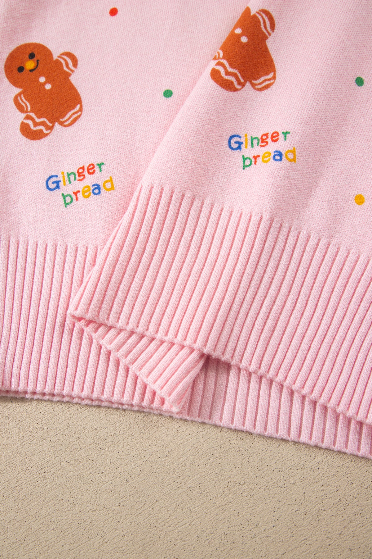 Pink Festive Gingerbread Pattern Long Sleeve Round Neck Sweater