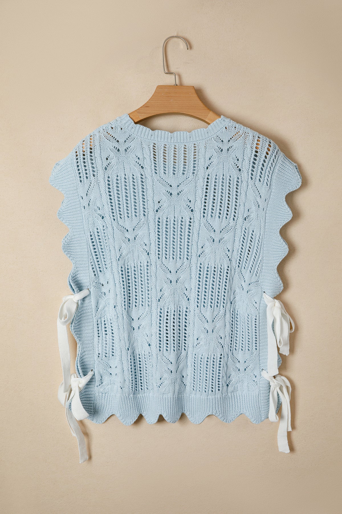 Bonbon Pointelle Knit Patterned Scalloped Trim Short Sleeve Sweater