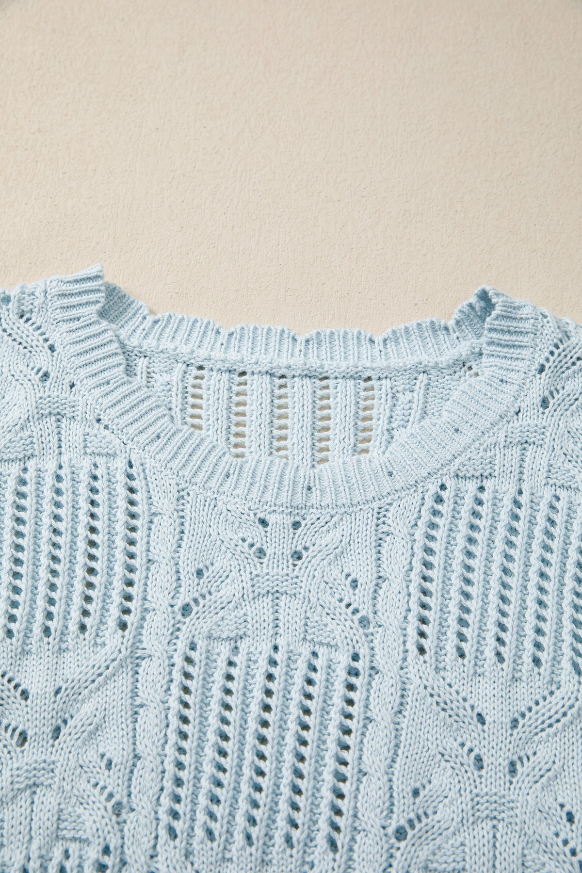 Bonbon Pointelle Knit Patterned Scalloped Trim Short Sleeve Sweater