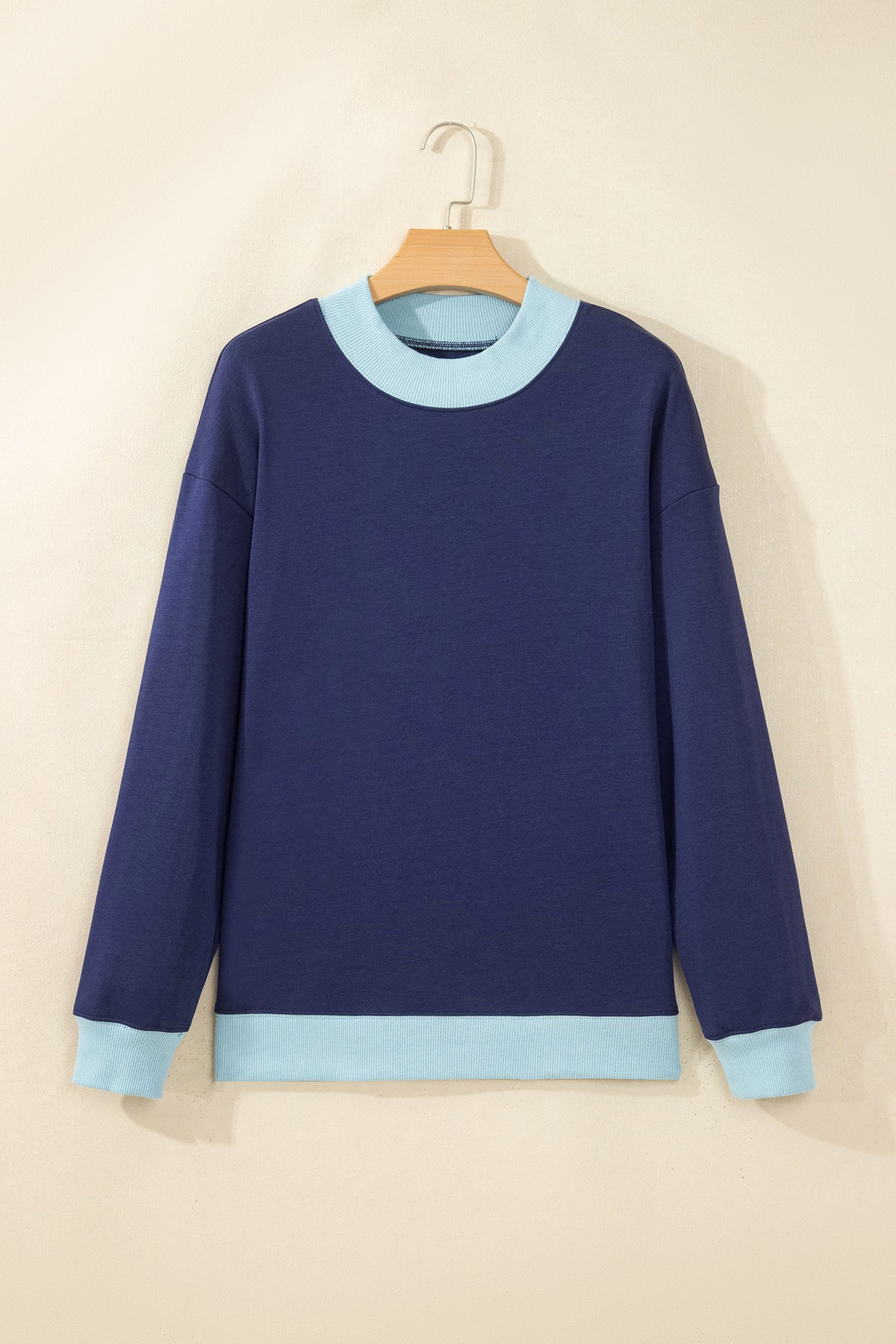 Dirty blue Colorblock Trim Crewneck Long Sleeve Pullover Sweatshirt