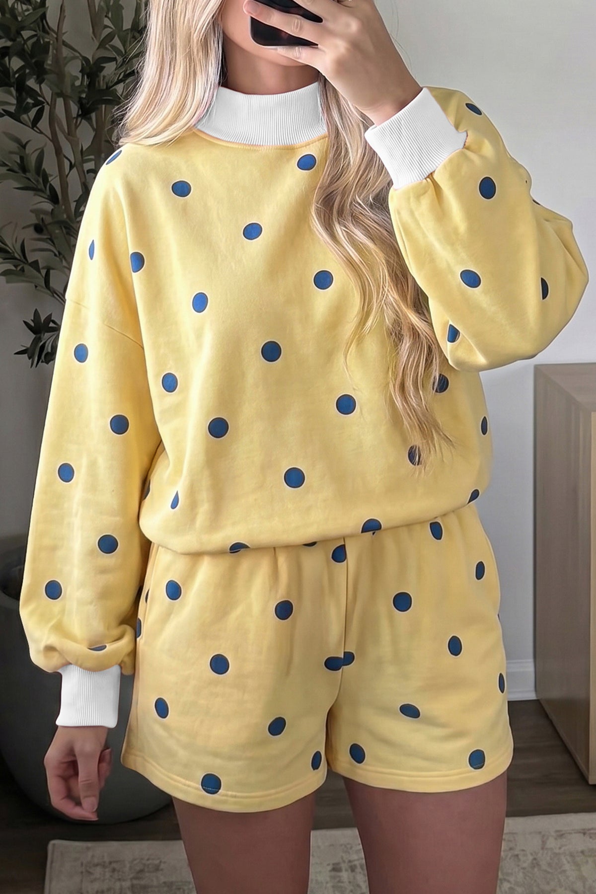 Pink Polka Dot Ribbed Trim Long Sleeve Top Casual Short Set