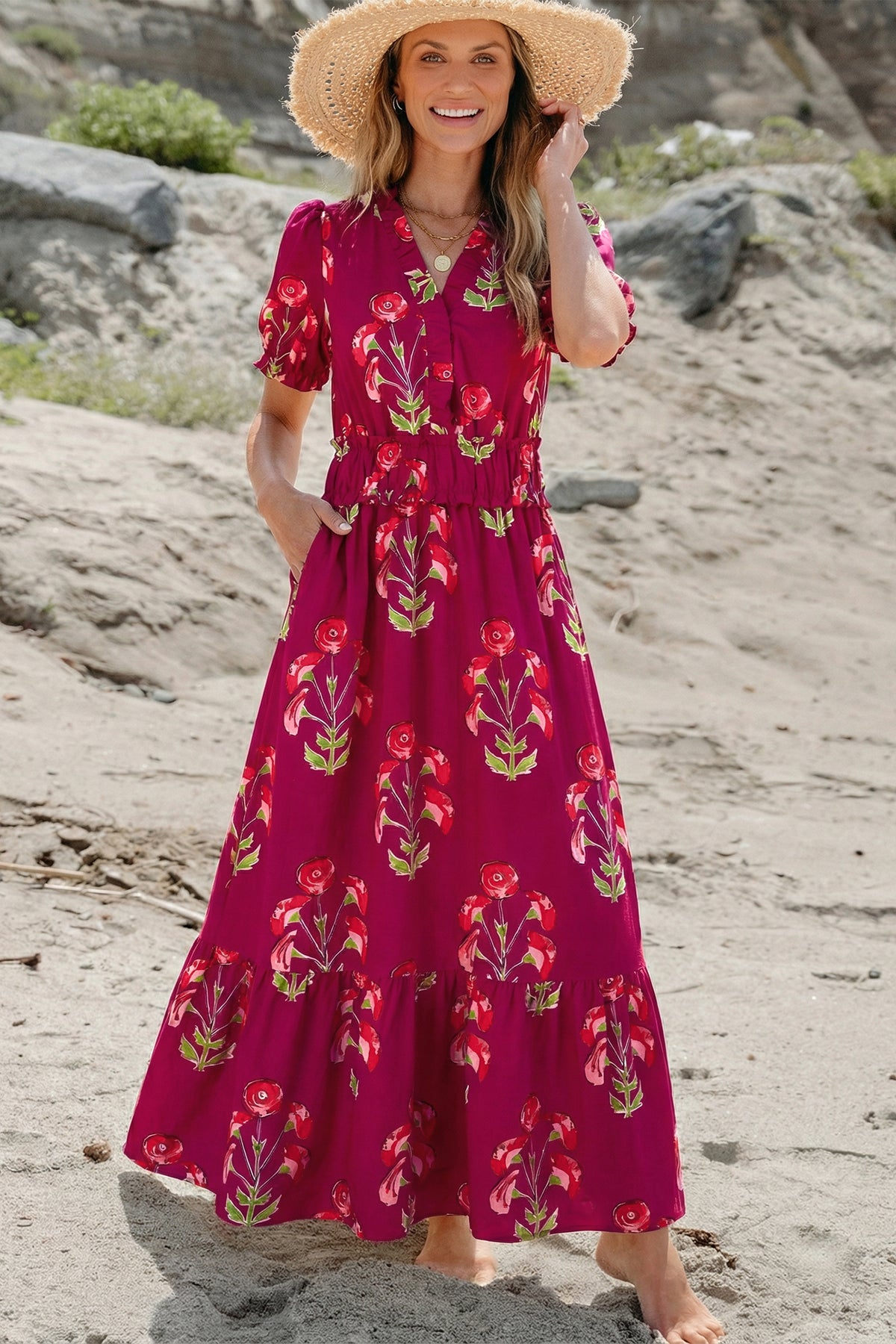Red Floral Print Frilled V Neck Short Sleeve Ruffle Maxi Dress