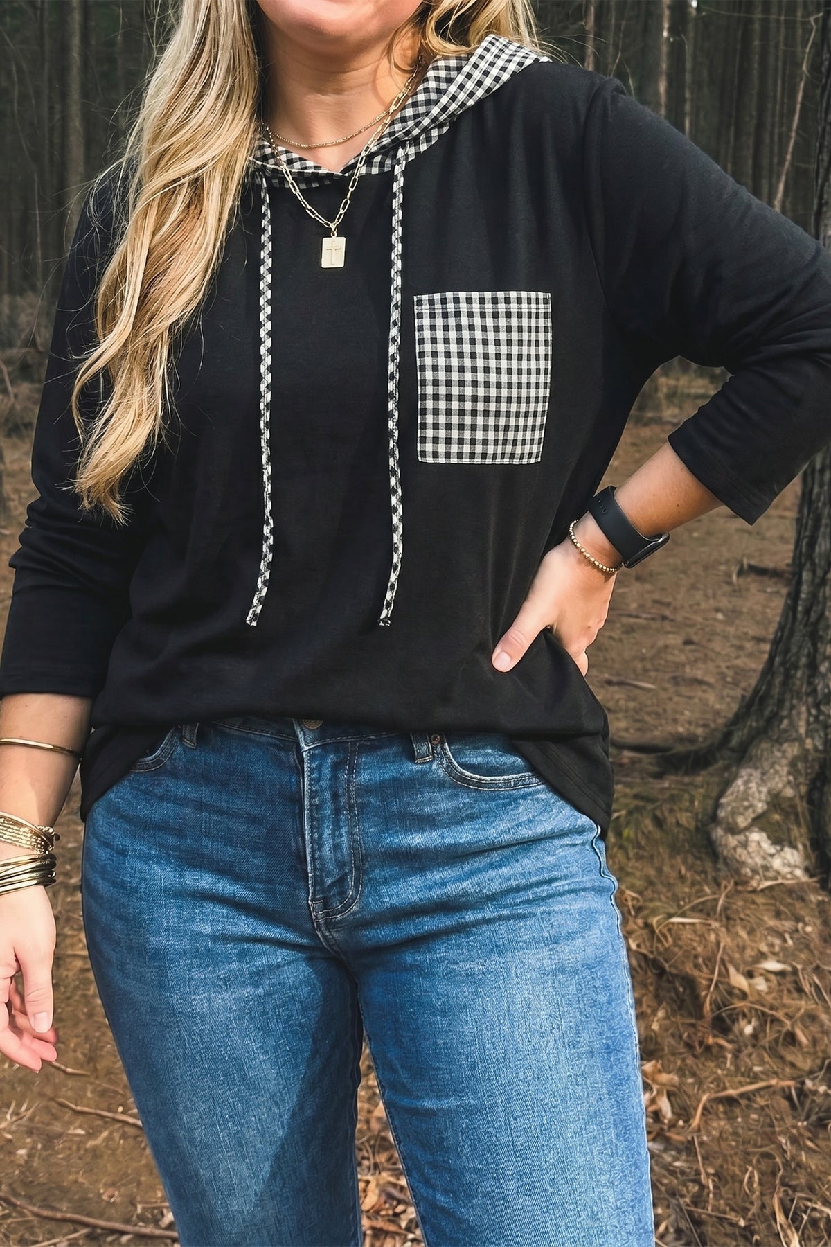 Black Hooded Gingham Paneling Chest Patch Pocket Long Sleeve Plus Size Blouse