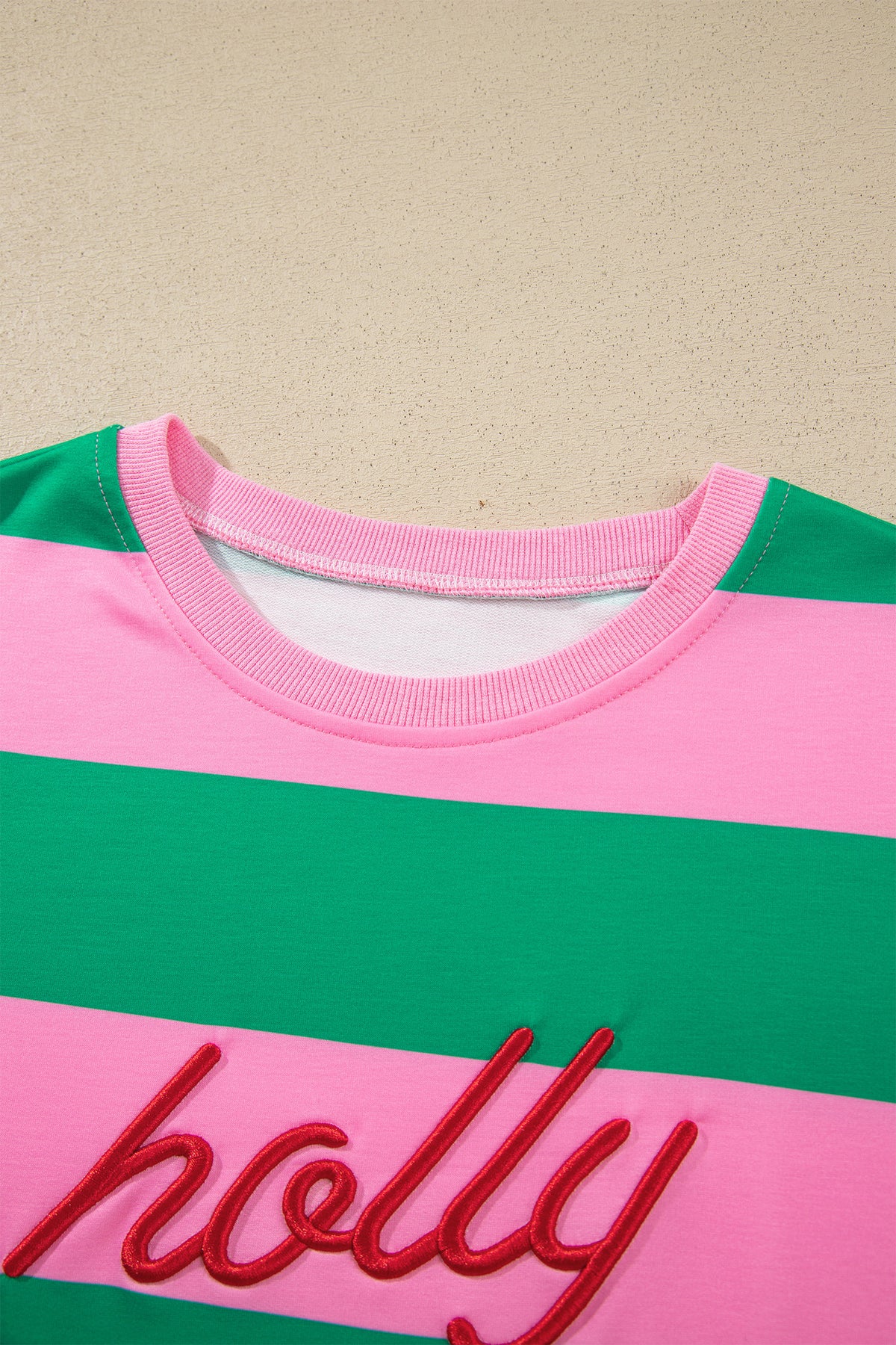 Green Stripe holly jolly Letter Embroidered Pullover Sweatshirt