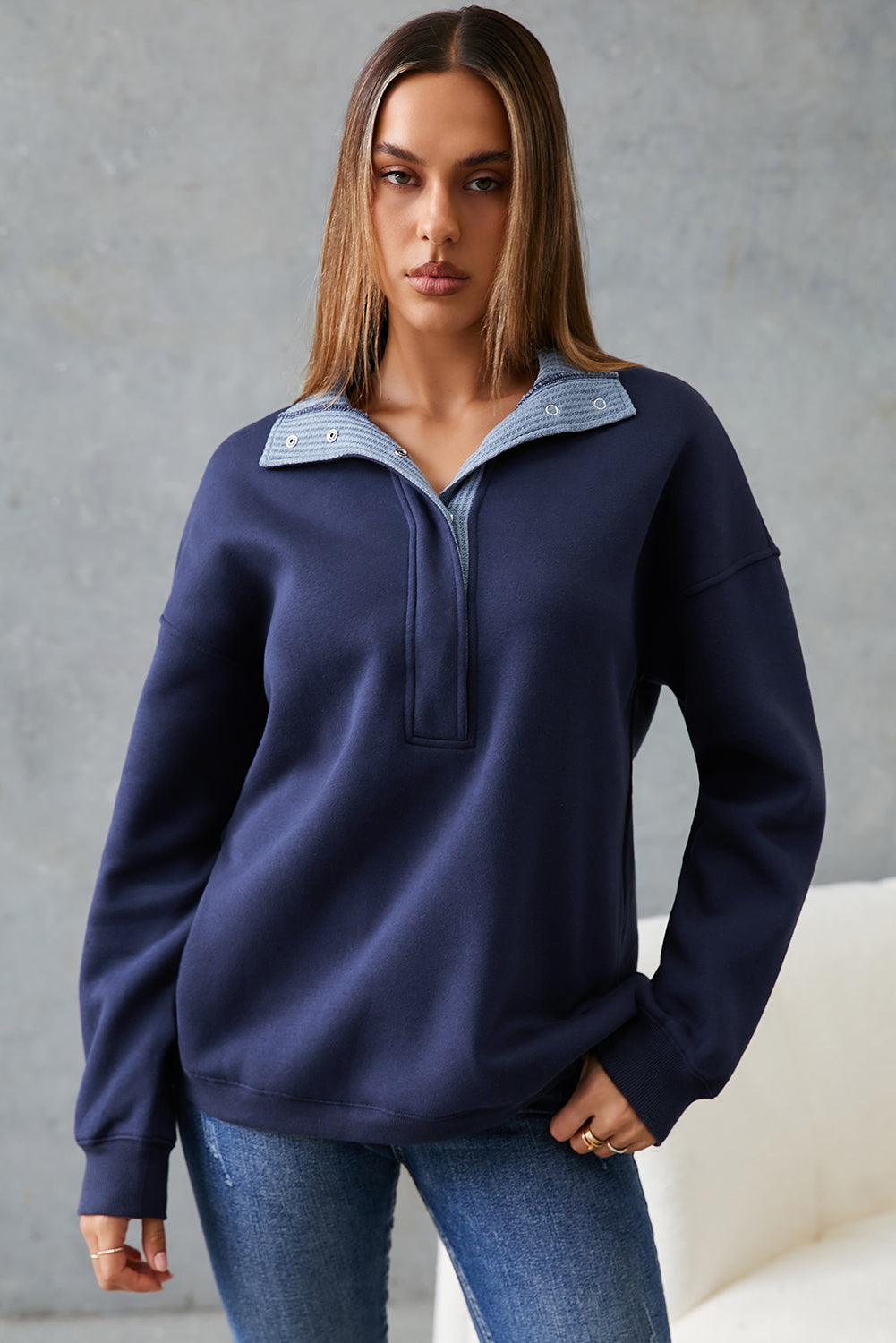 Blue Drop Shoulder Metal Button Casual Pullover Sweatshirt