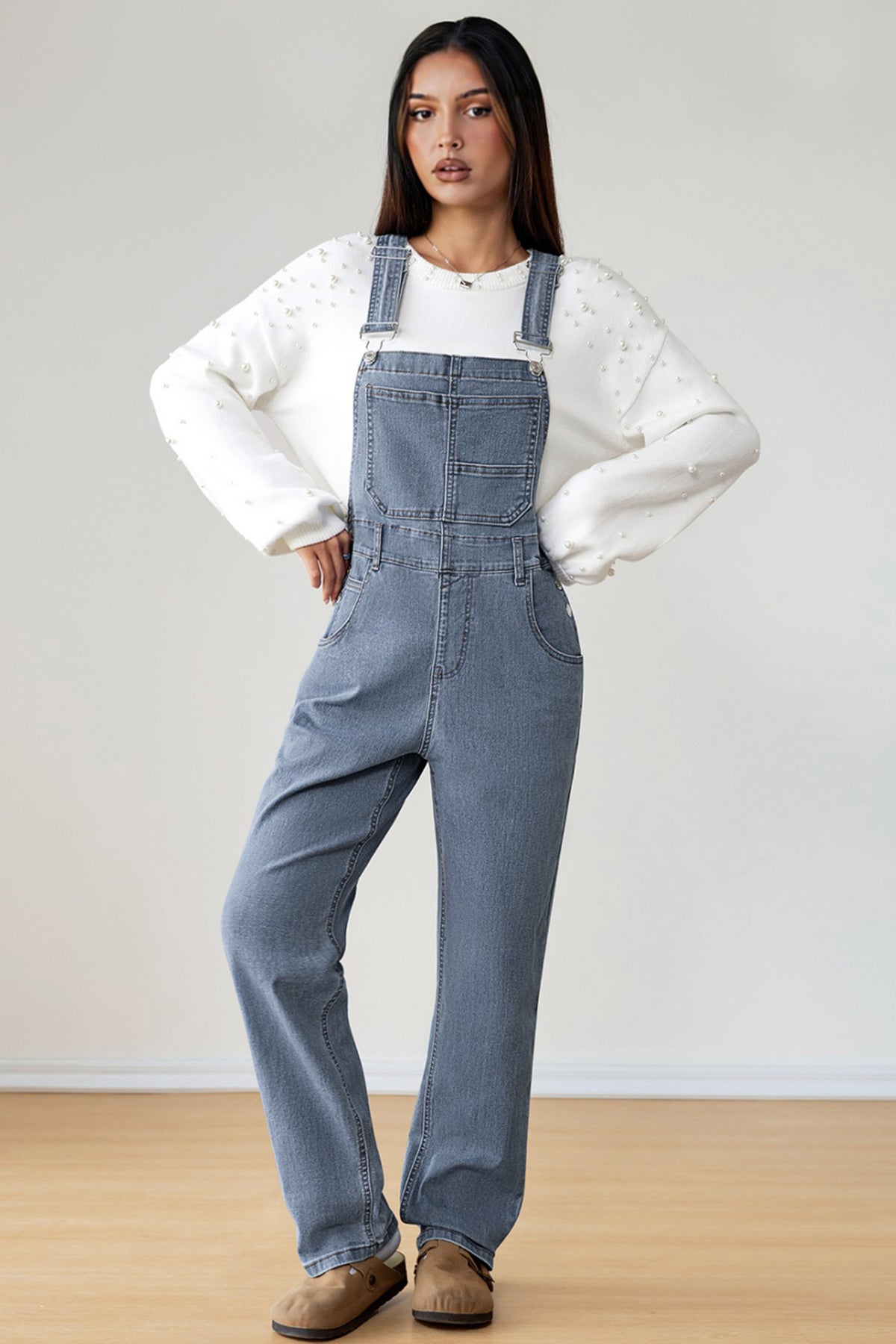 Light Blue Retro Bib Pocket Buckle Straps Casual Denim Jumpsuit