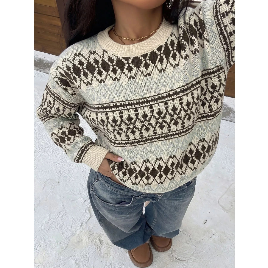 Fair Isle Pattern Crew Neck Sweater Apricot Color / S Apparel and Accessories