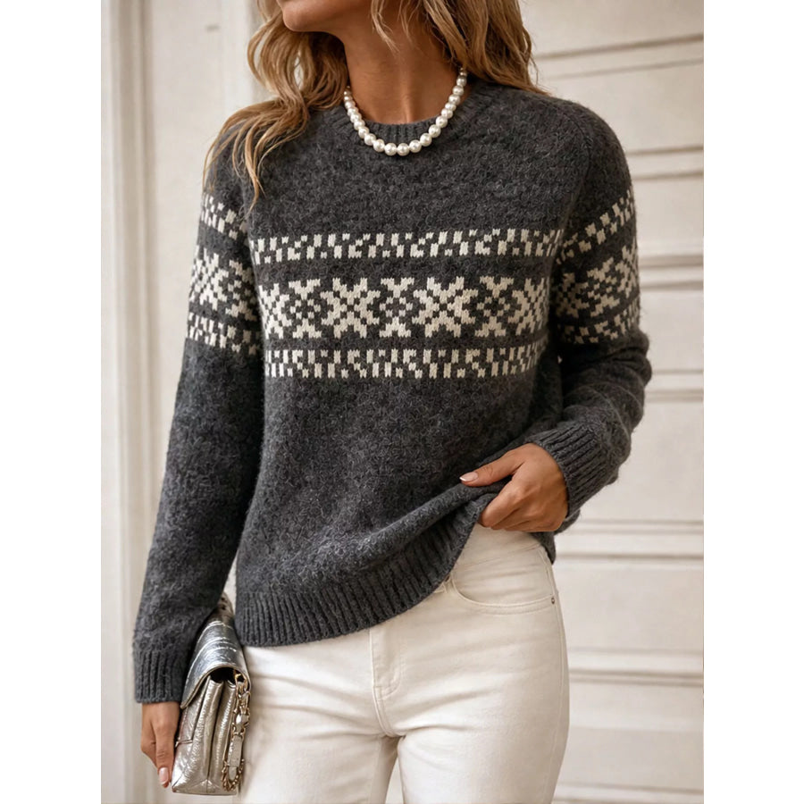 Fair Isle Pattern Crew Neck Sweater Gray / S Apparel and Accessories
