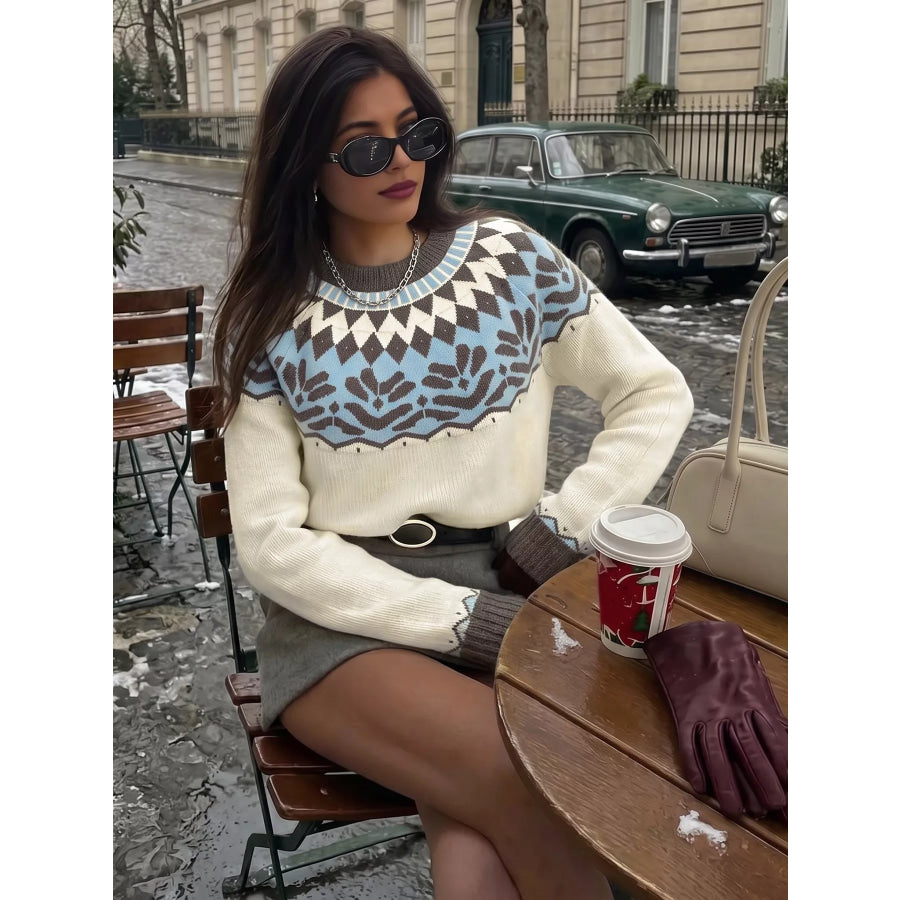 Fair Isle Pattern Round Neck Sweater Beige / S Apparel and Accessories
