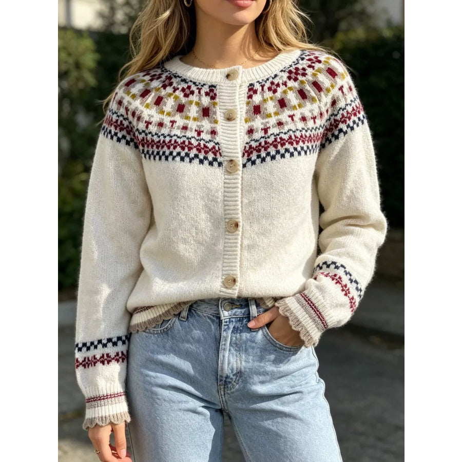 Fair Isle Patterned Button-Down Knit Cardigan Apparel and Accessories