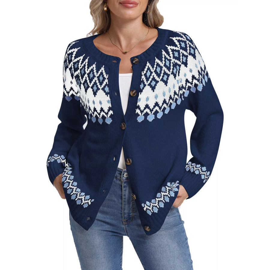 Fair Isle Patterned Button-Down Knit Cardigan Blue / S Apparel and Accessories