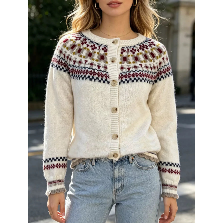 Fair Isle Patterned Button-Down Knit Cardigan Apparel and Accessories