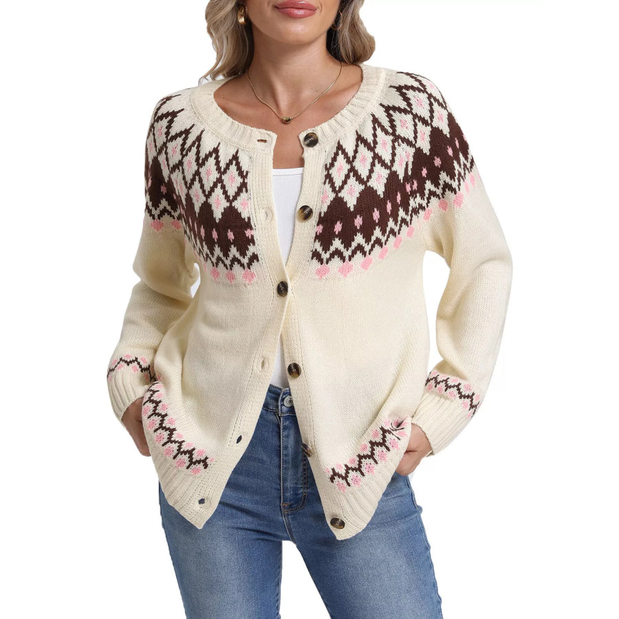Fair Isle Patterned Button-Down Knit Cardigan Apparel and Accessories