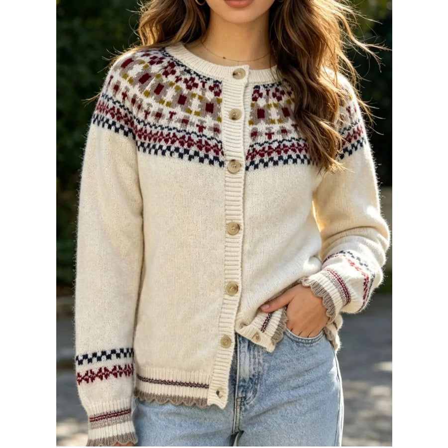 Fair Isle Patterned Button-Down Knit Cardigan Apparel and Accessories